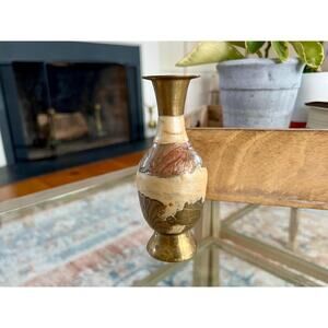 Vintage Designer Etched Floral Brass Vase, Beige Enamel, Bud Vase, Artwork